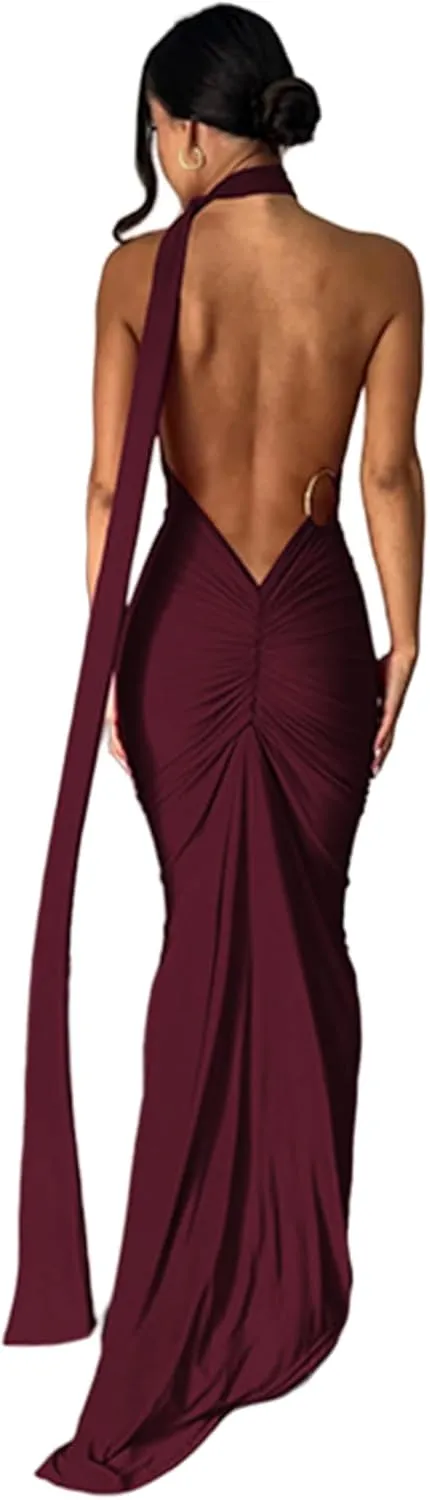 Women's Sexy One Shoulder Backless Maxi Dress Elegant Ruched O Ring Sleeveless Evening Dress Long Gown Cocktail Dress