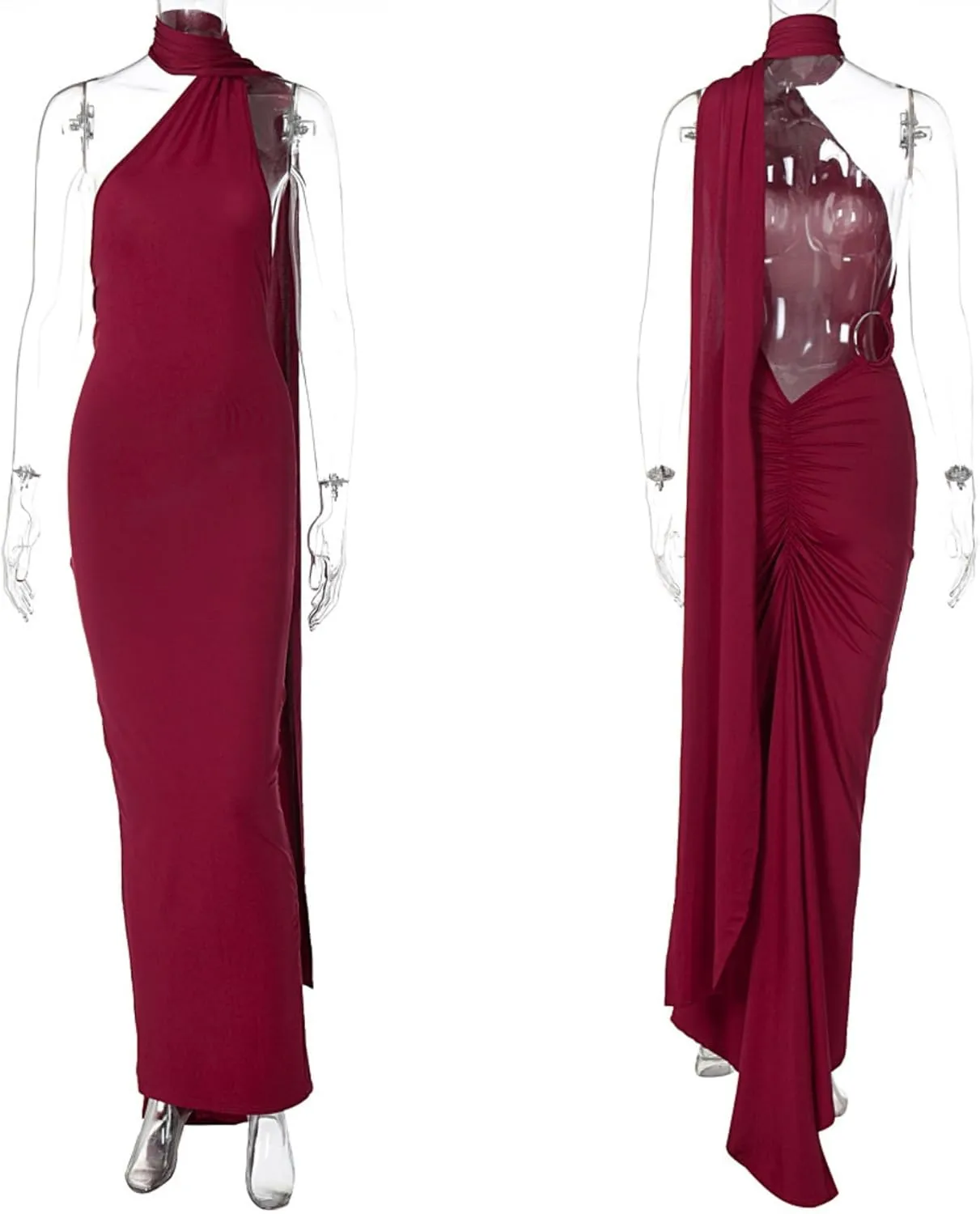 Women's Sexy One Shoulder Backless Maxi Dress Elegant Ruched O Ring Sleeveless Evening Dress Long Gown Cocktail Dress