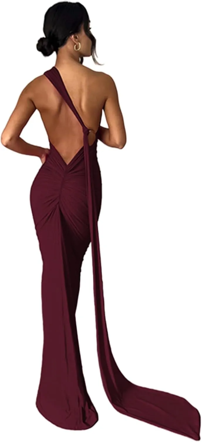 Women's Sexy One Shoulder Backless Maxi Dress Elegant Ruched O Ring Sleeveless Evening Dress Long Gown Cocktail Dress