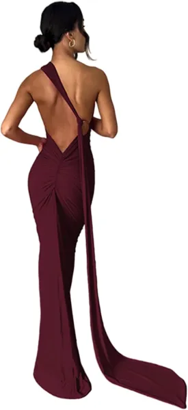 Women's Sexy One Shoulder Backless Maxi Dress Elegant Ruched O Ring Sleeveless Evening Dress Long Gown Cocktail Dress