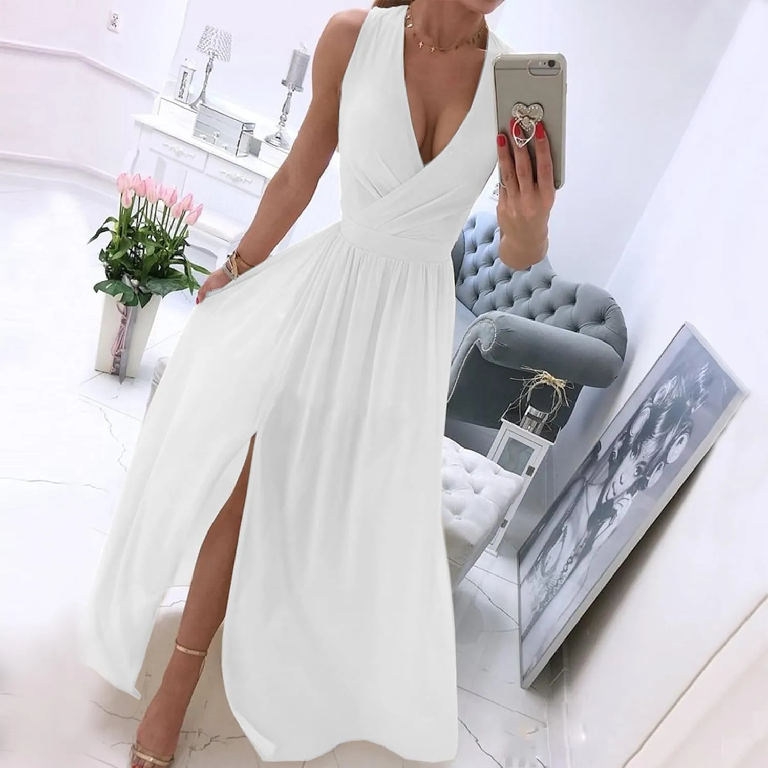 Womens Sleeveless Sexy Deep V-Neck Maxi Slit Dress Casual Summer Beach Resort Sundress Long Flowy Split Dresses