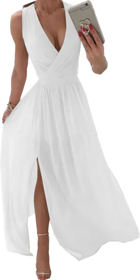 Womens Sleeveless Sexy Deep V-Neck Maxi Slit Dress Casual Summer Beach Resort Sundress Long Flowy Split Dresses