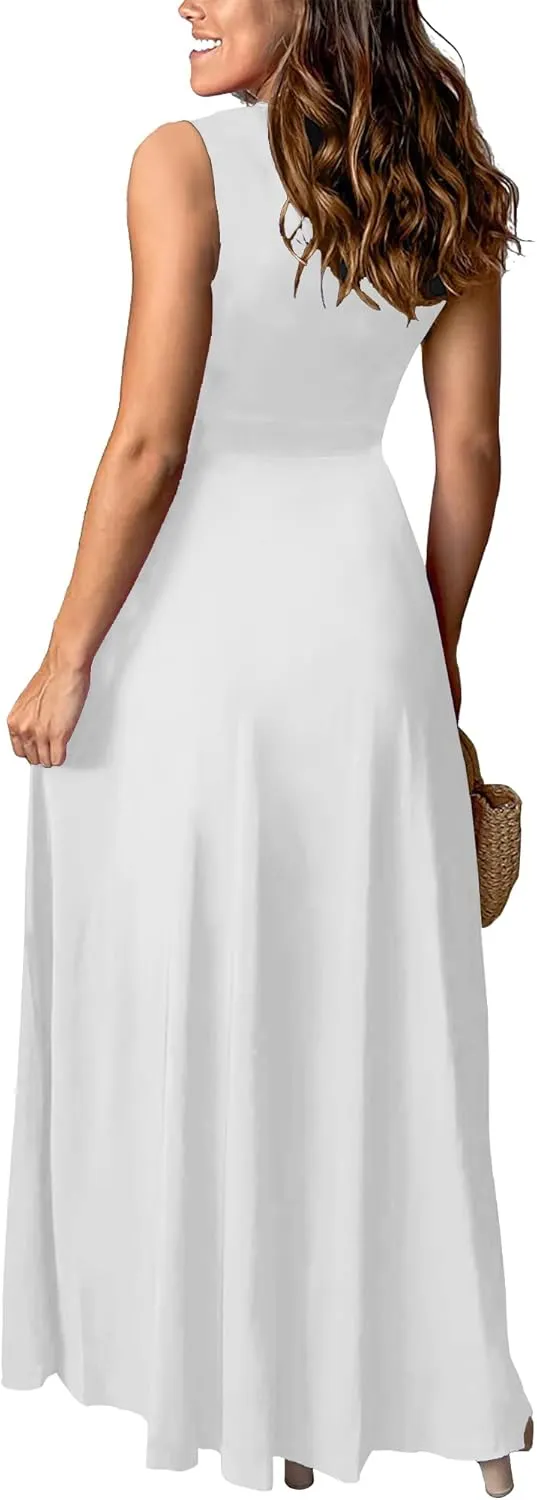 Womens Sleeveless Sexy Deep V-Neck Maxi Slit Dress Casual Summer Beach Resort Sundress Long Flowy Split Dresses