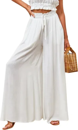 Women's Wide Leg Pants Palazzo High Elastic Waist Drawstring Culotte Trousers(White-S)