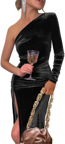 YMDUCH Women's Sexy Elegant One Shoulder Long Sleeve Velvet Ruched Slit Party Long Dress
