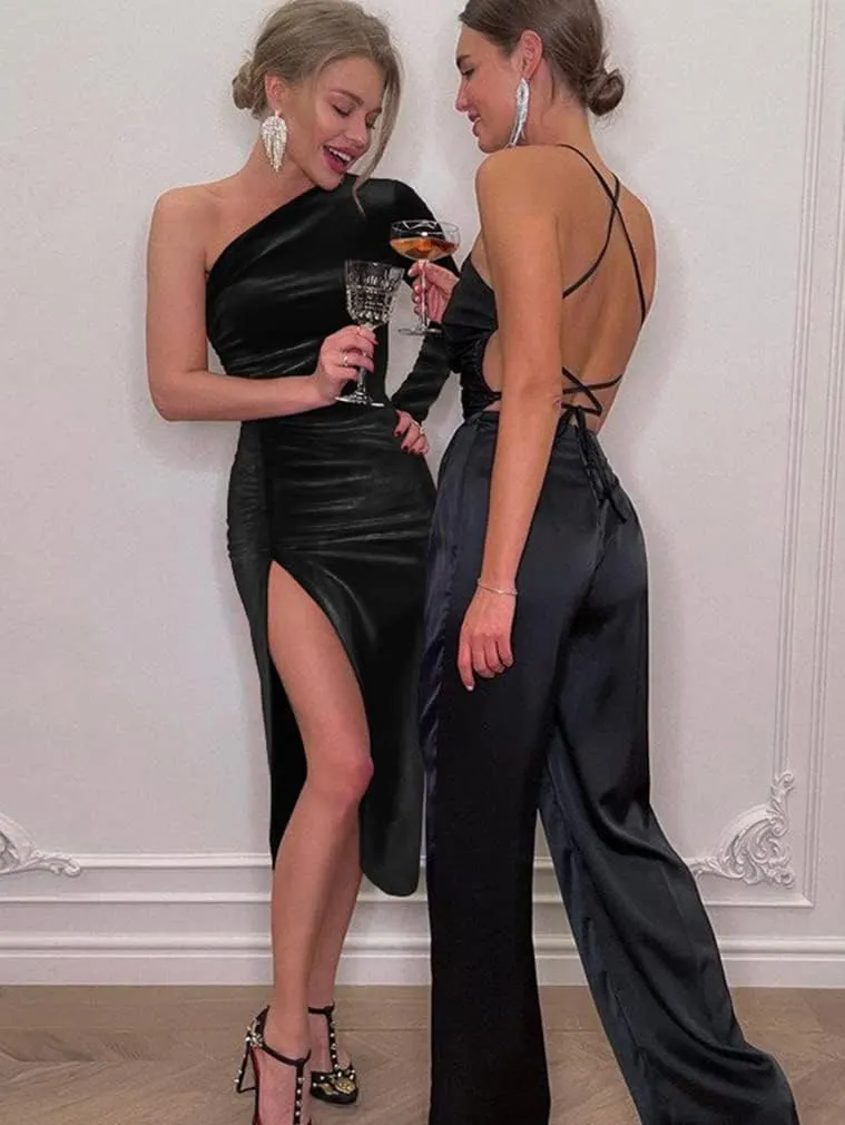YMDUCH Women's Sexy Elegant One Shoulder Long Sleeve Velvet Ruched Slit Party Long Dress