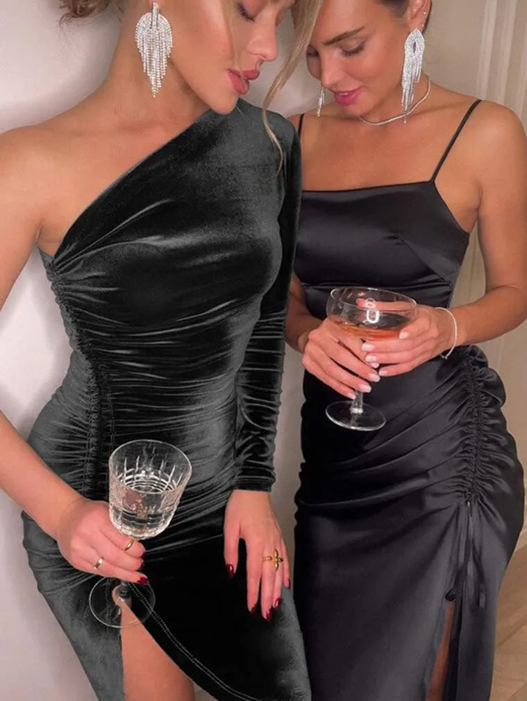YMDUCH Women's Sexy Elegant One Shoulder Long Sleeve Velvet Ruched Slit Party Long Dress