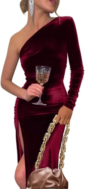 YMDUCH Women's Sexy Elegant One Shoulder Long Sleeve Velvet Ruched Slit Party Long Dress