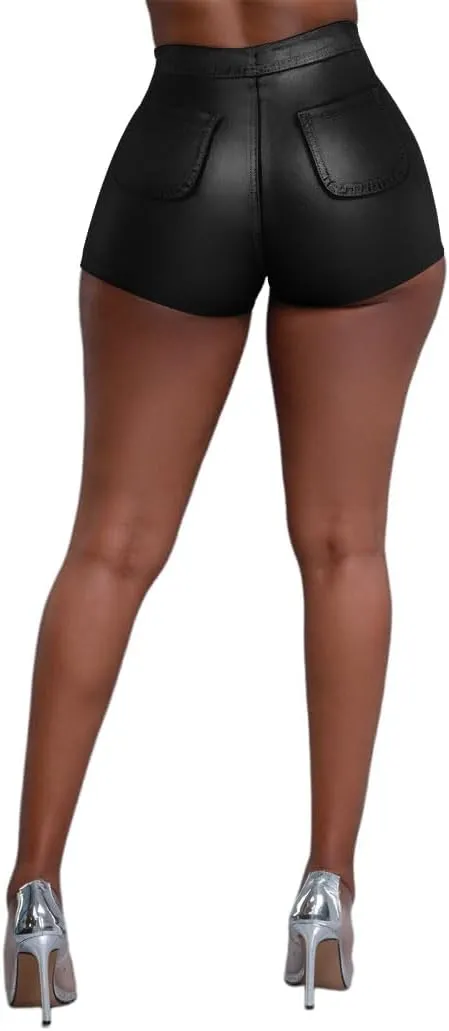 Zebaexf Women Sexy Leather Legging Shorts High Waist Faux Leg Stretchy Shorts PU Leather Pants