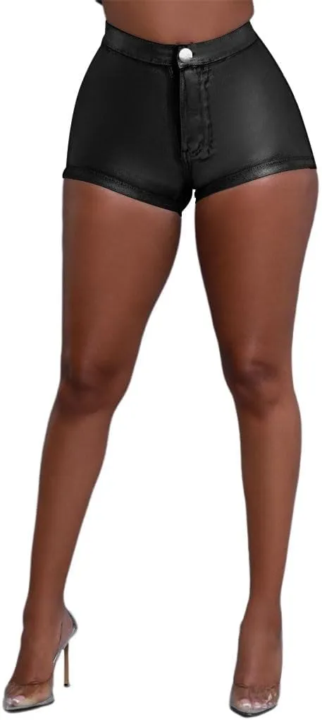 Zebaexf Women Sexy Leather Legging Shorts High Waist Faux Leg Stretchy Shorts PU Leather Pants